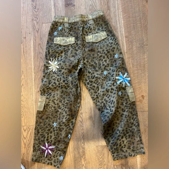 Free People Olive Brown Embroidered Leopard Cargo Joggers - Picture 6 of 6
